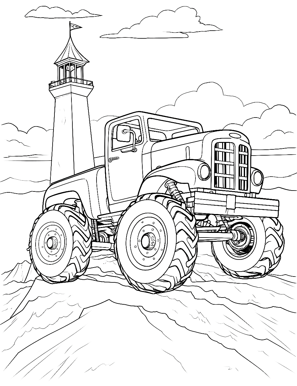Lighthouse Monster Truck Coloring Page - A monster truck on a hill with a lighthouse backdrop.
