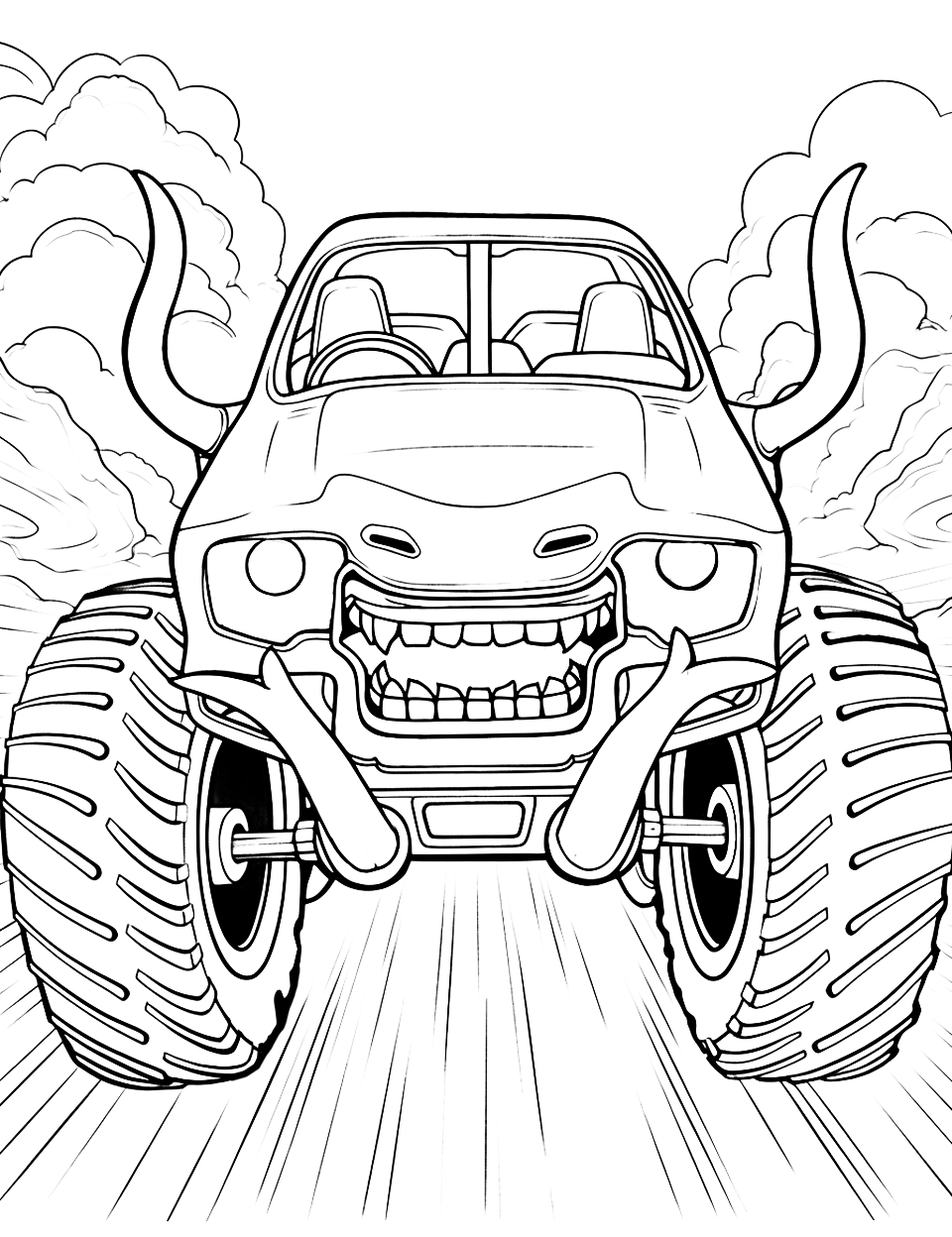 Toro Loco's Bull Charge Monster Truck Coloring Page - The Toro Loco monster truck, horns and all, barreling down a dirt road.
