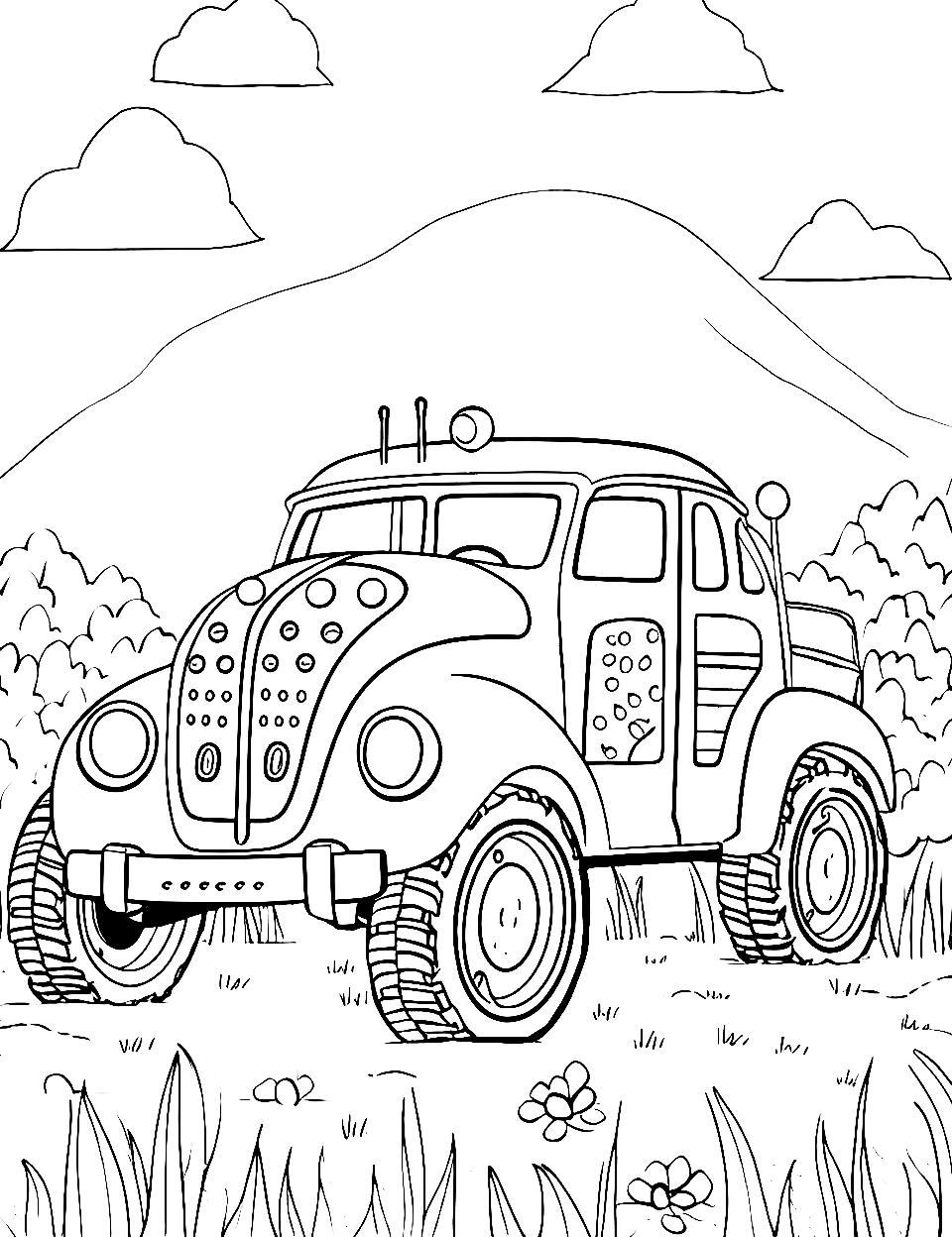 Ladybug Lane Monster Truck Coloring Page - A ladybug-themed monster truck parked in a garden.