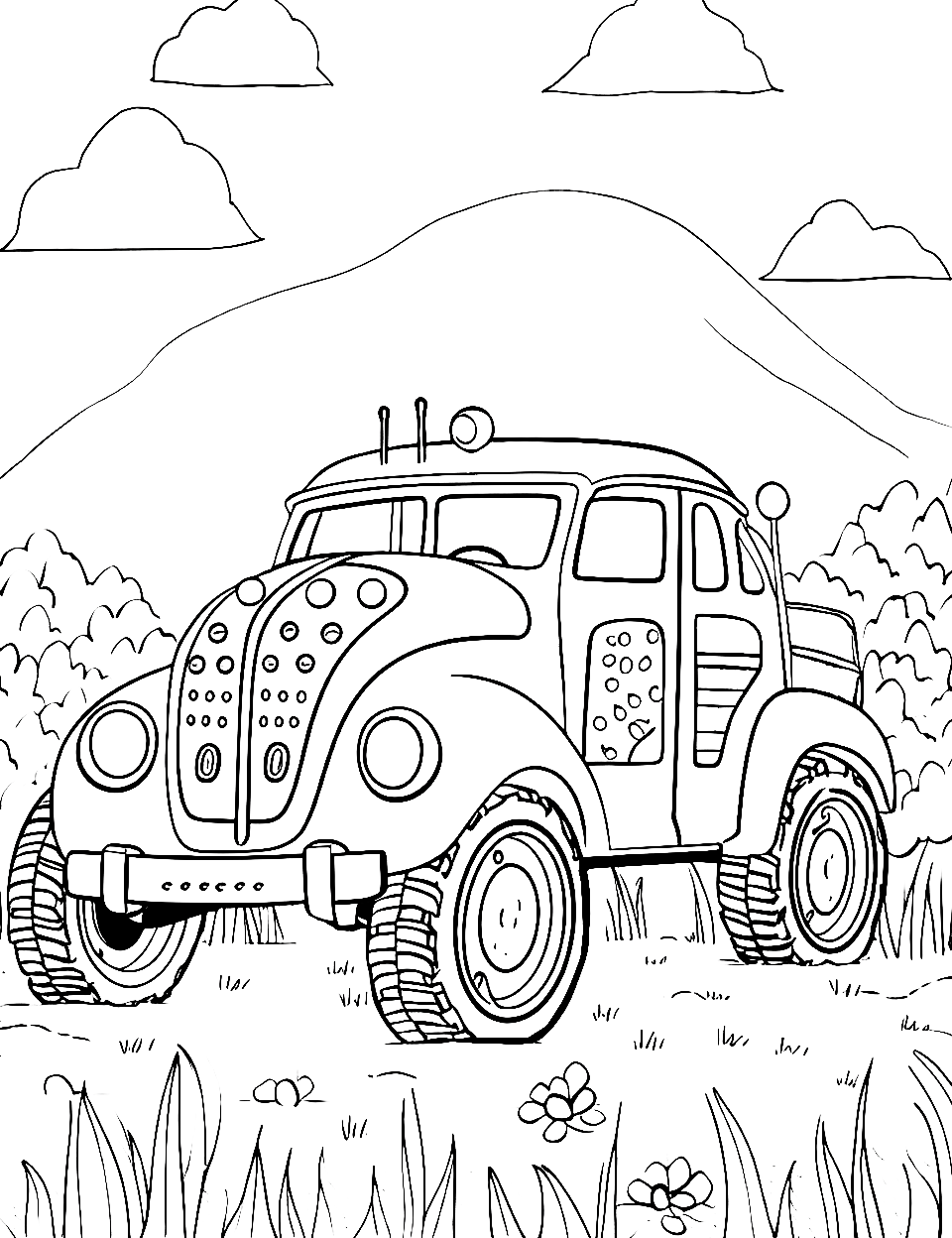 Ladybug Lane Coloring Page - A ladybug-themed monster truck parked in a garden.