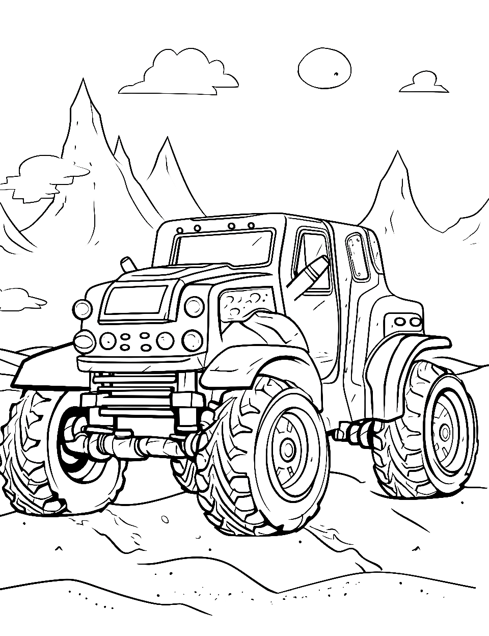 Astronaut's Adventure Monster Truck Coloring Page - A monster truck built for space, exploring an alien planet.