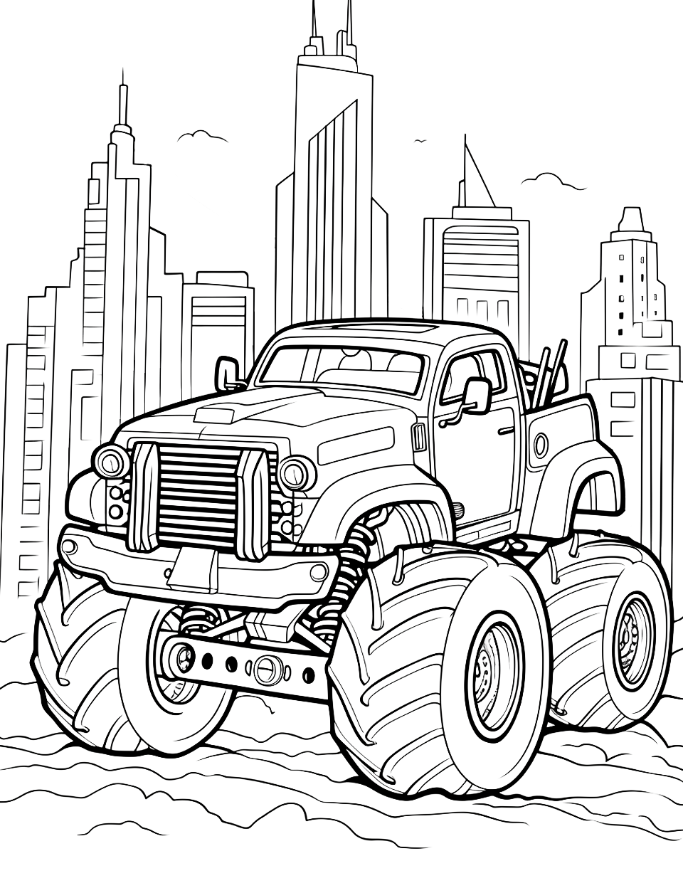 City's Monster Truck Coloring Page - A city’s own themed monster truck for league racing.