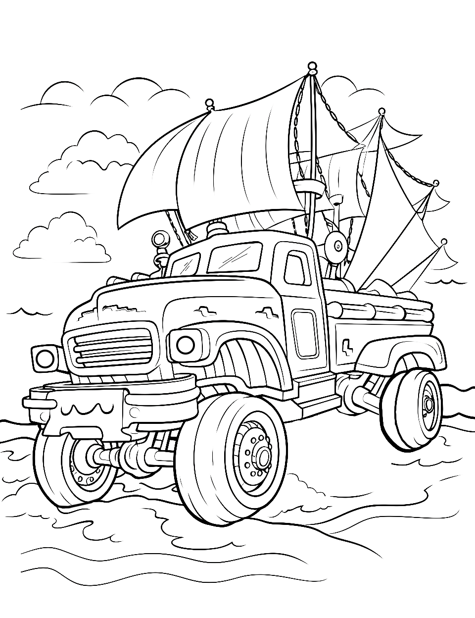 Pirate Plunder Pursuit Monster Truck Coloring Page - A pirate monster truck going for a treasure hunt.