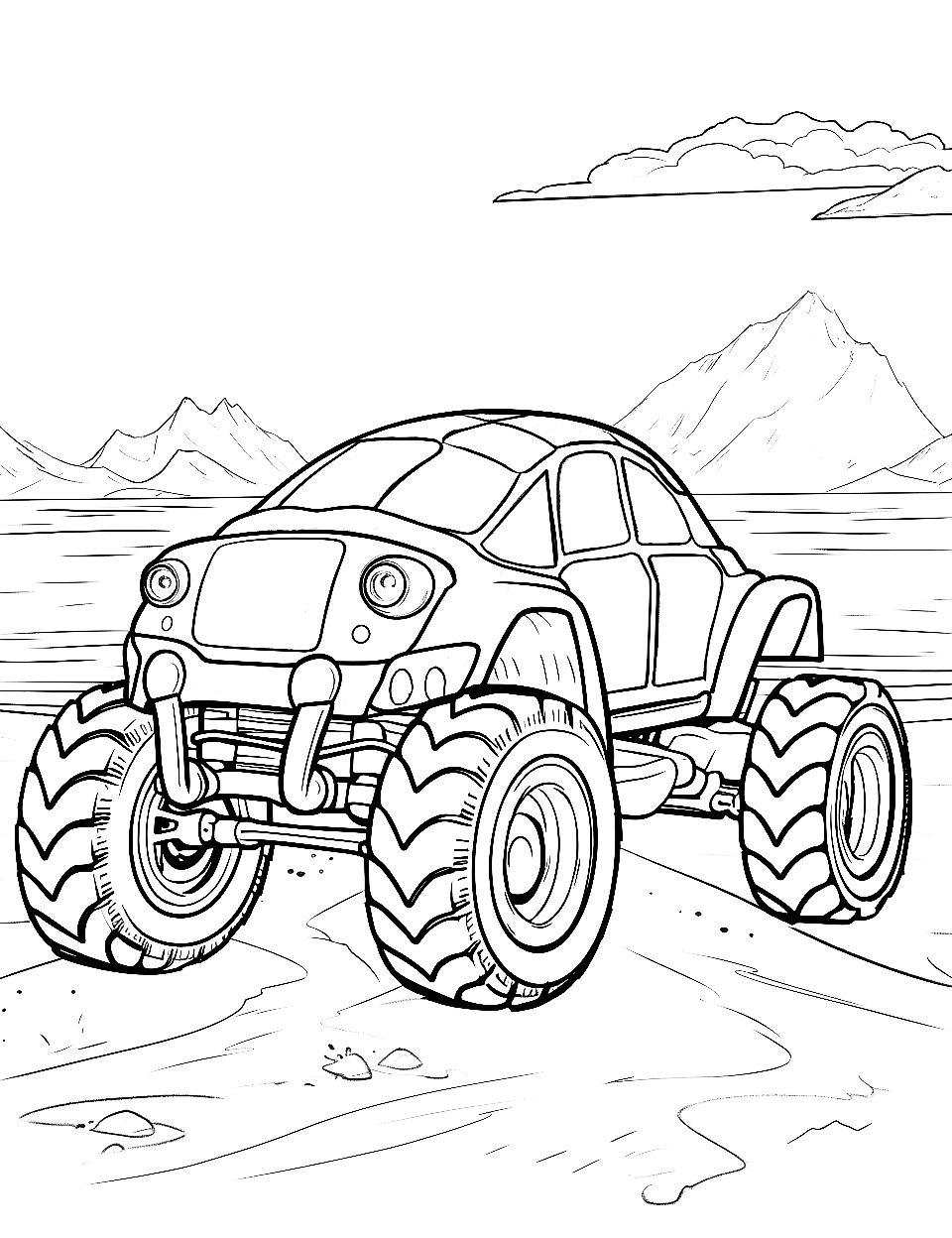 Turtle's Tropical Trail Monster Truck Coloring Page - A turtle-themed monster truck on its way to the beach.