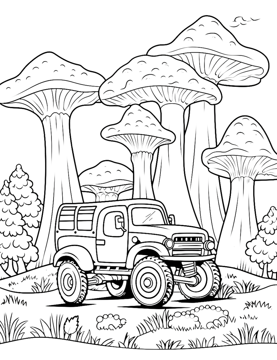 Mushroom Meadow Mix Coloring Page - A monster truck in a field of giant mushrooms.