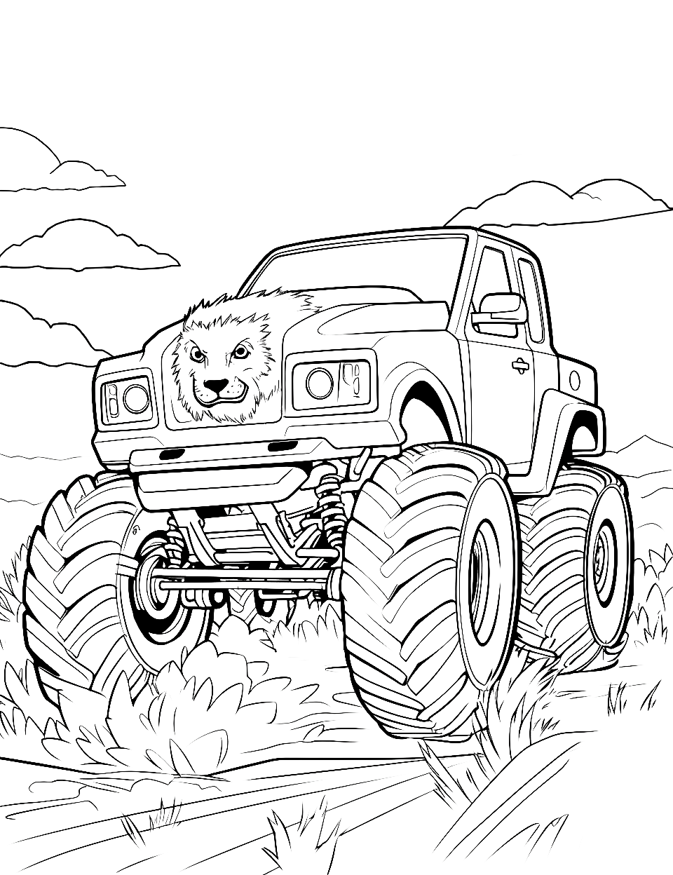 Lion's Savanna Sprint Monster Truck Coloring Page - A lion-themed monster truck racing on the African plains.