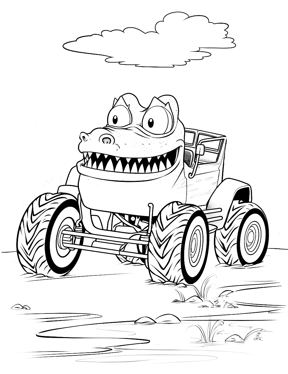 Crocodile's Swamp Swim Monster Truck Coloring Page - A crocodile-themed custom-made monster truck in a swamp