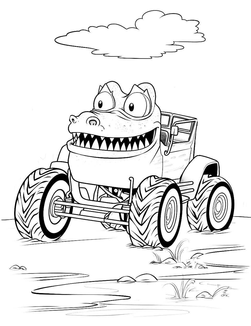 Crocodile's Swamp Swim Coloring Page - A crocodile-themed custom-made monster truck in a swamp