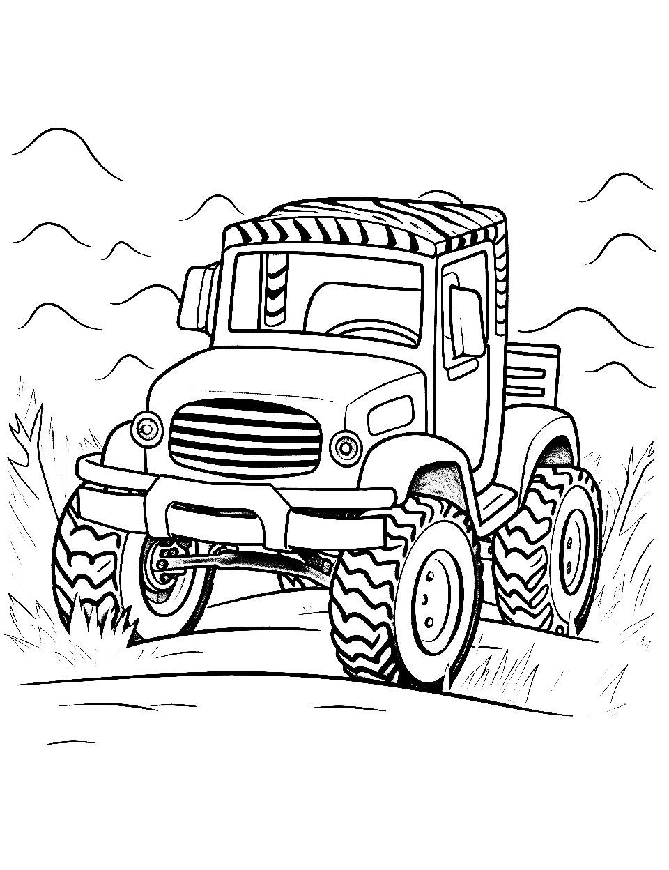 Zebra's Savanna Zoom Coloring Page - A zebra-striped monster truck racing in the wild.