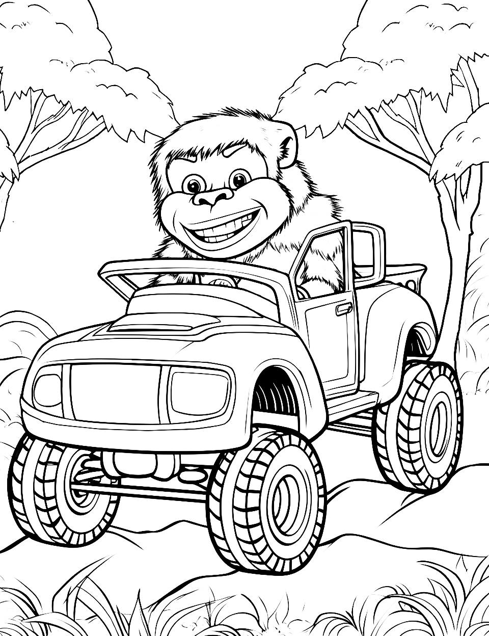 Monkey's Jungle Trucking Monster Truck Coloring Page - A monkey driving his Monster Truck through the jungle.