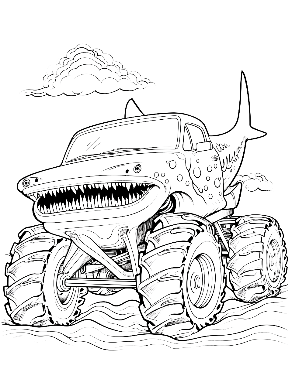 Shark Truck Monster Coloring Page - A monster truck with shark-like features racing.