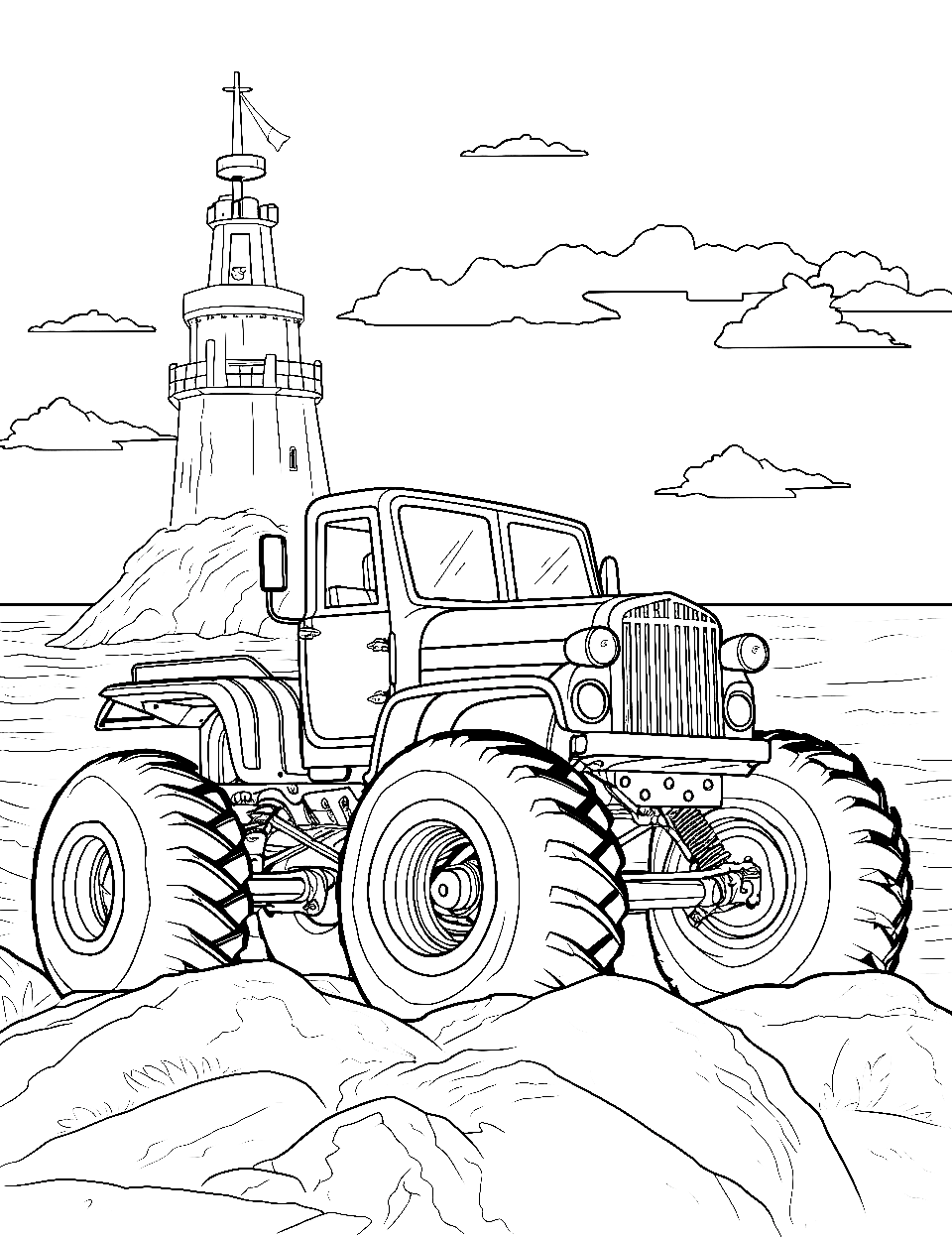 Lighthouse Coastal Cruise Monster Truck Coloring Page - An old school Monster truck navigating the rocky coast near a lighthouse.