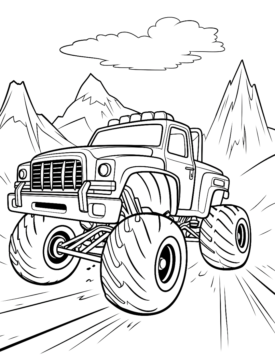 Monster Truck In the Mountains Coloring Page - A monster truck driving in the wilderness with mountains in the background.
