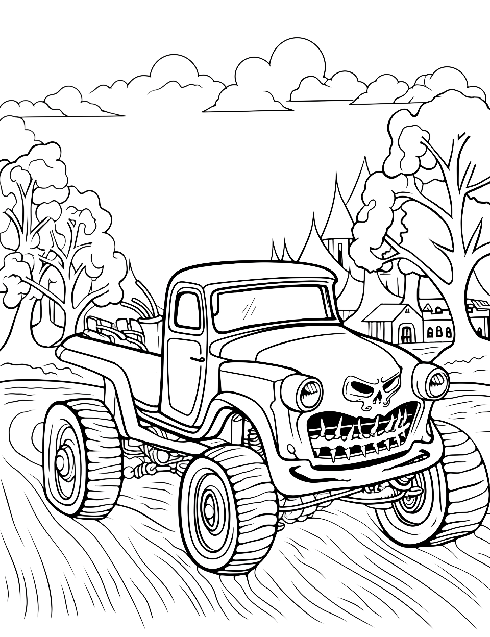 Bone Shaker's Graveyard Run Monster Truck Coloring Page - Bone Shaker truck racing through a spooky graveyard.