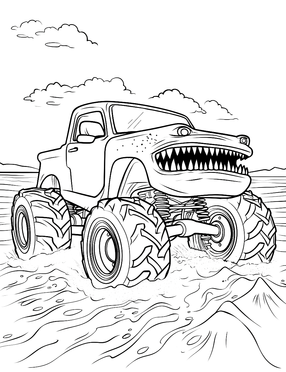 Tiger Shark Attack Coloring Page - Tiger Shark monster truck roaring down a sandy beach.