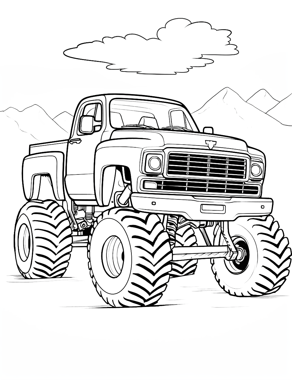 Pickup Truck Rally Monster Coloring Page - A classic pickup transformed into a monster truck, ready for action.