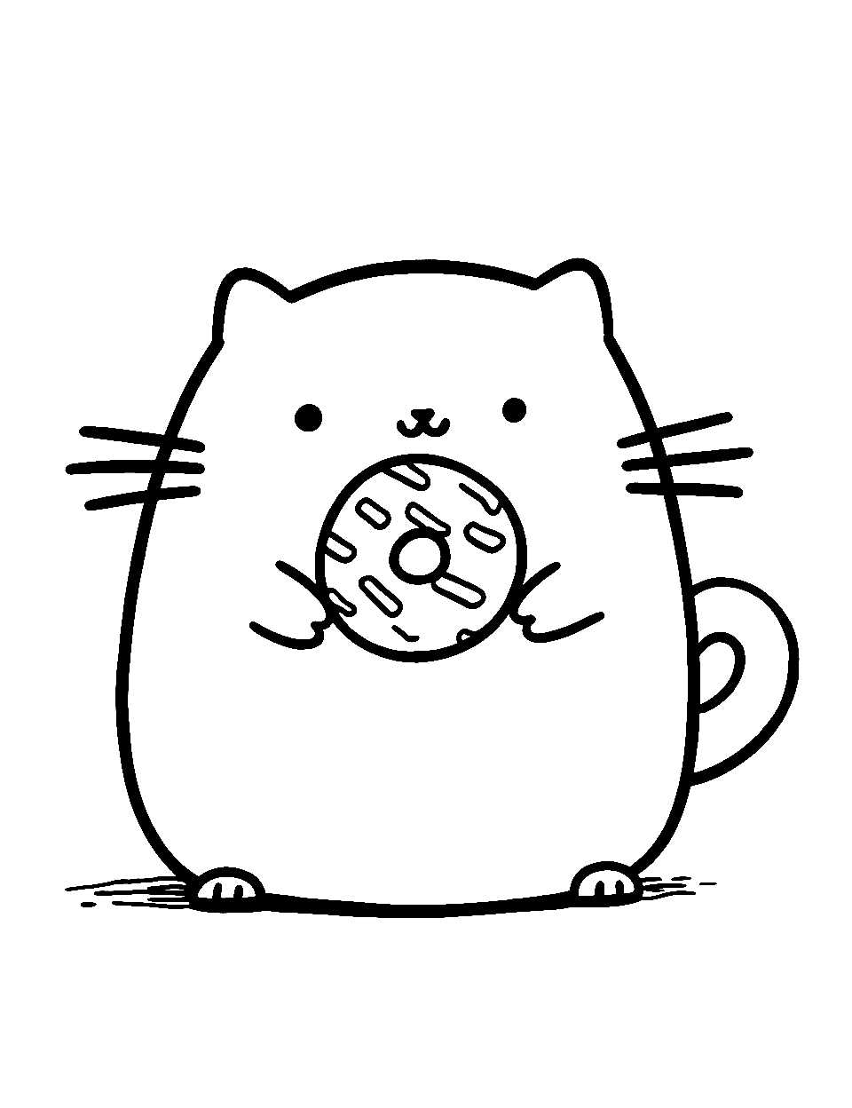 Morning Donut Pusheen Coloring Page - Pusheen with a delicious donut ready to devour it.