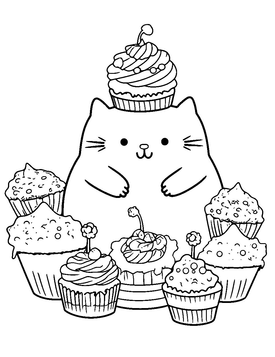 Dessert Paradise Coloring Page - Pusheen surrounded by cupcakes.