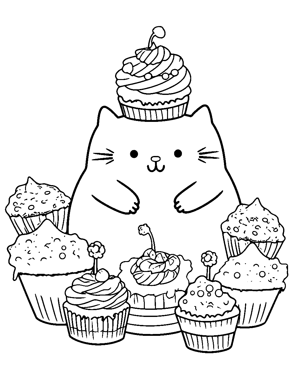 Dessert Paradise Pusheen Coloring Page - Pusheen surrounded by cupcakes.