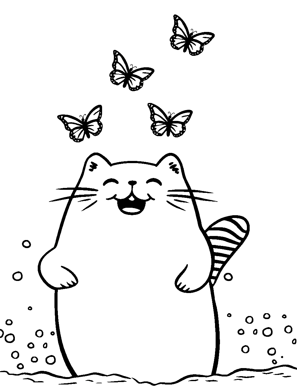 Happy and Fun Coloring Page - Pusheen chasing after butterflies with glee.