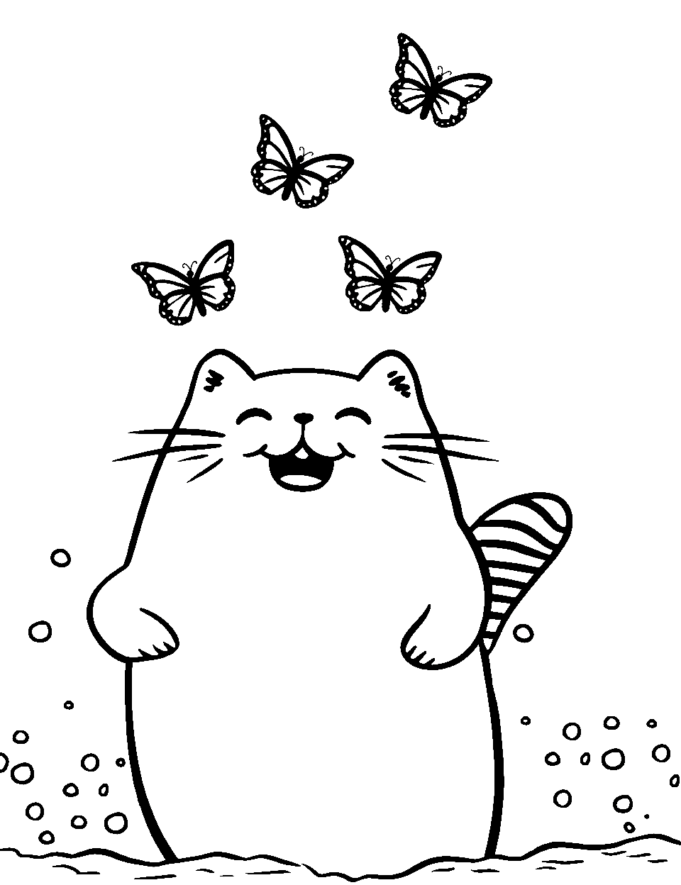 Happy and Fun Pusheen Coloring Page - Pusheen chasing after butterflies with glee.