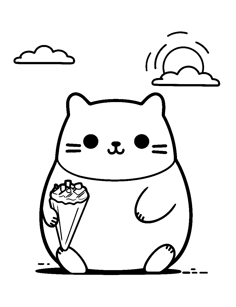 Summer Treats Coloring Page - Pusheen enjoying a cool ice cream on a sunny day.