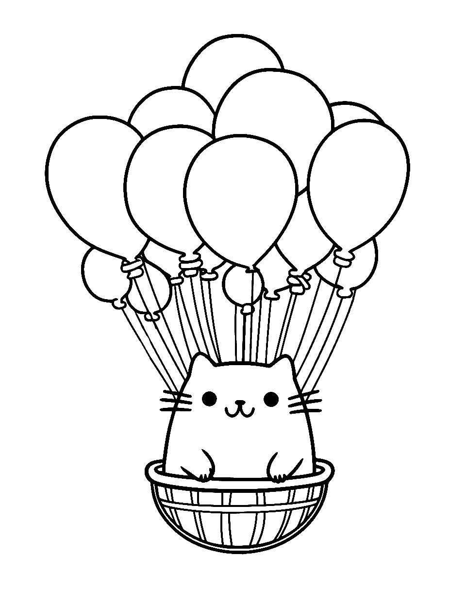 Pusheen's Balloon Ride Pusheen Coloring Page - Pusheen floating with a bunch of colorful balloons.