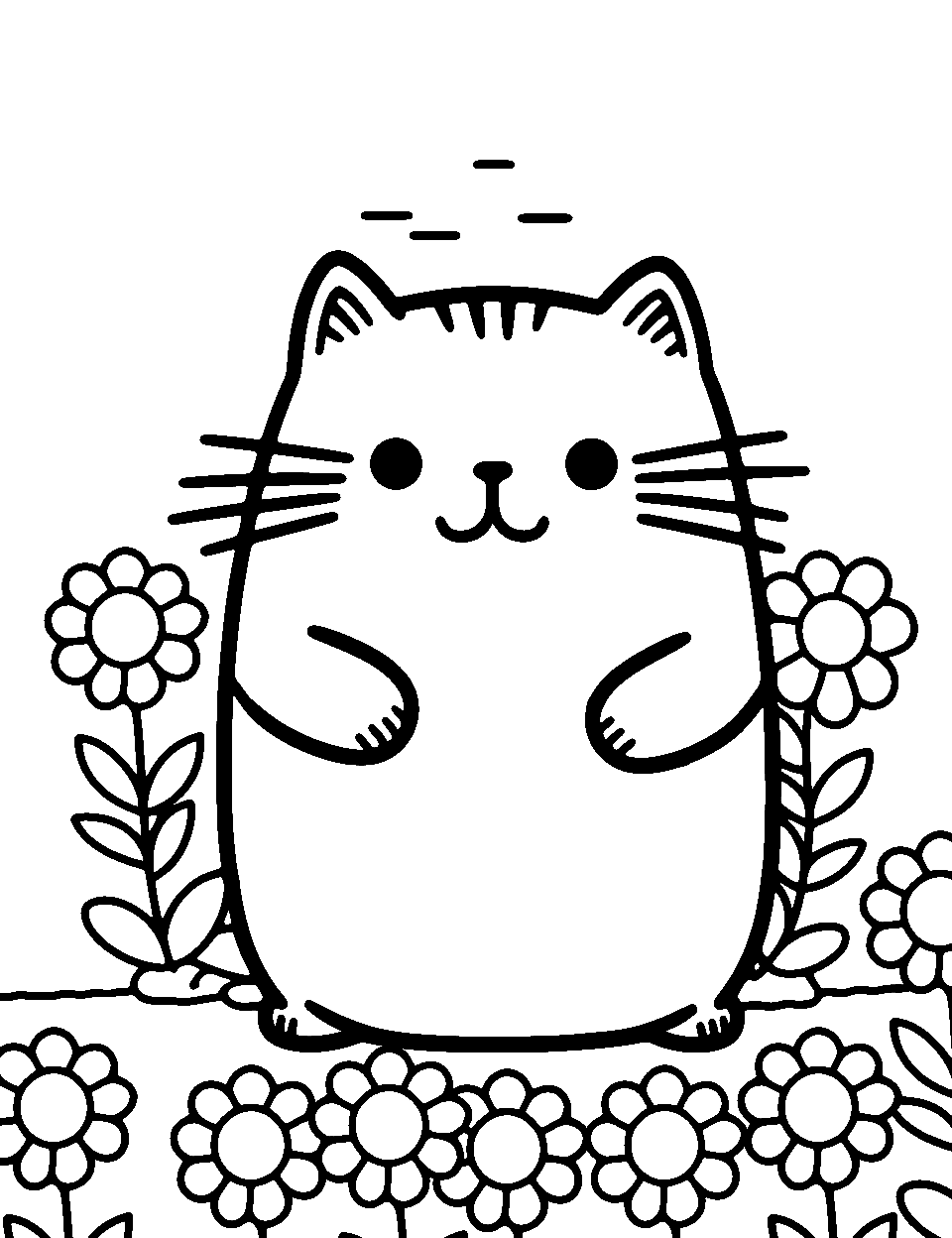 Garden Explorer Pusheen Coloring Page - Pusheen in a garden with beautiful flowers.