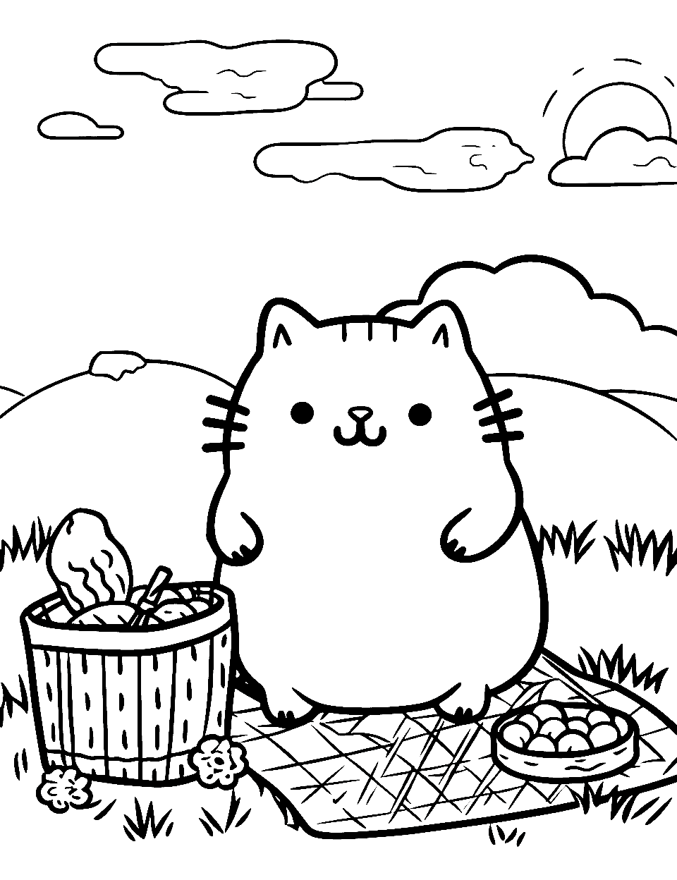 Sunny Day Picnic Coloring Page - Pusheen with a picnic basket in a field.