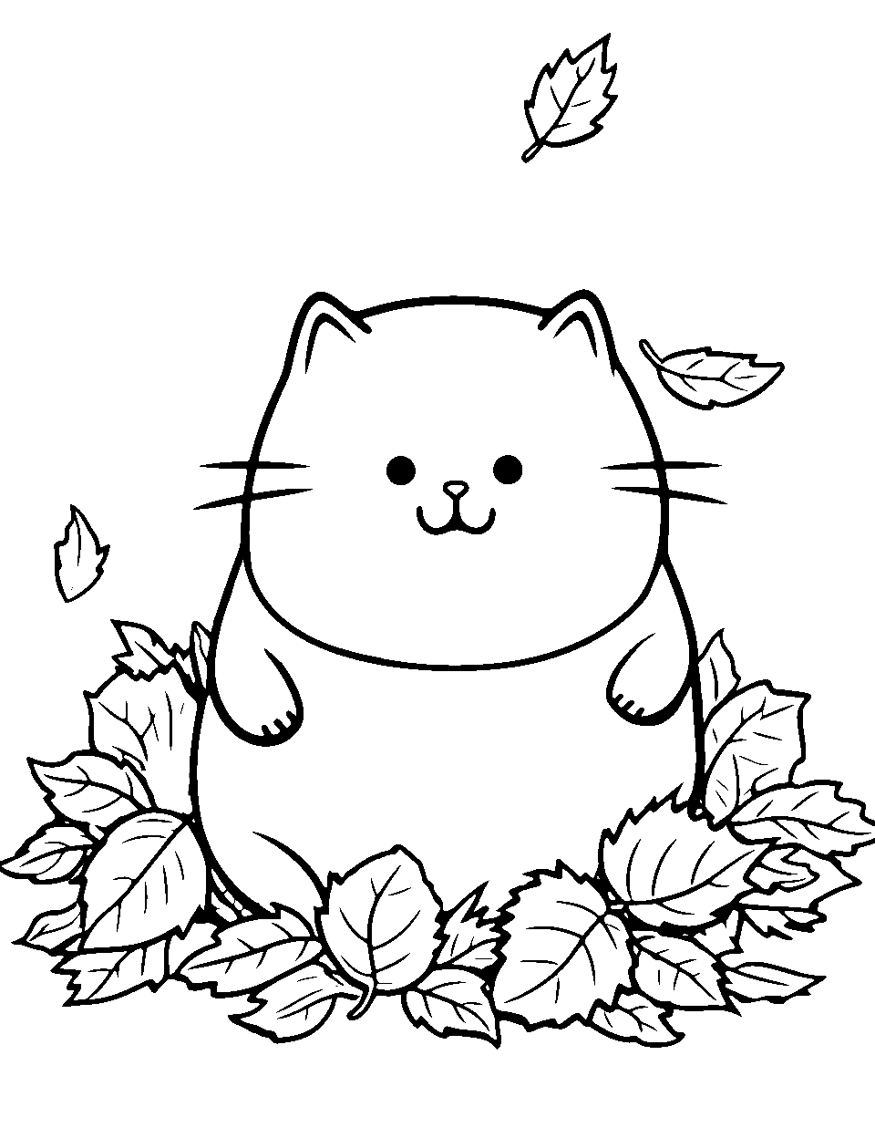 Autumn Leaves Coloring Page - Pusheen playing in a pile of fallen leaves.