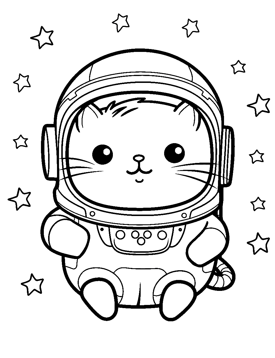 Space Adventures Coloring Page - Pusheen in an astronaut helmet, floating in space.