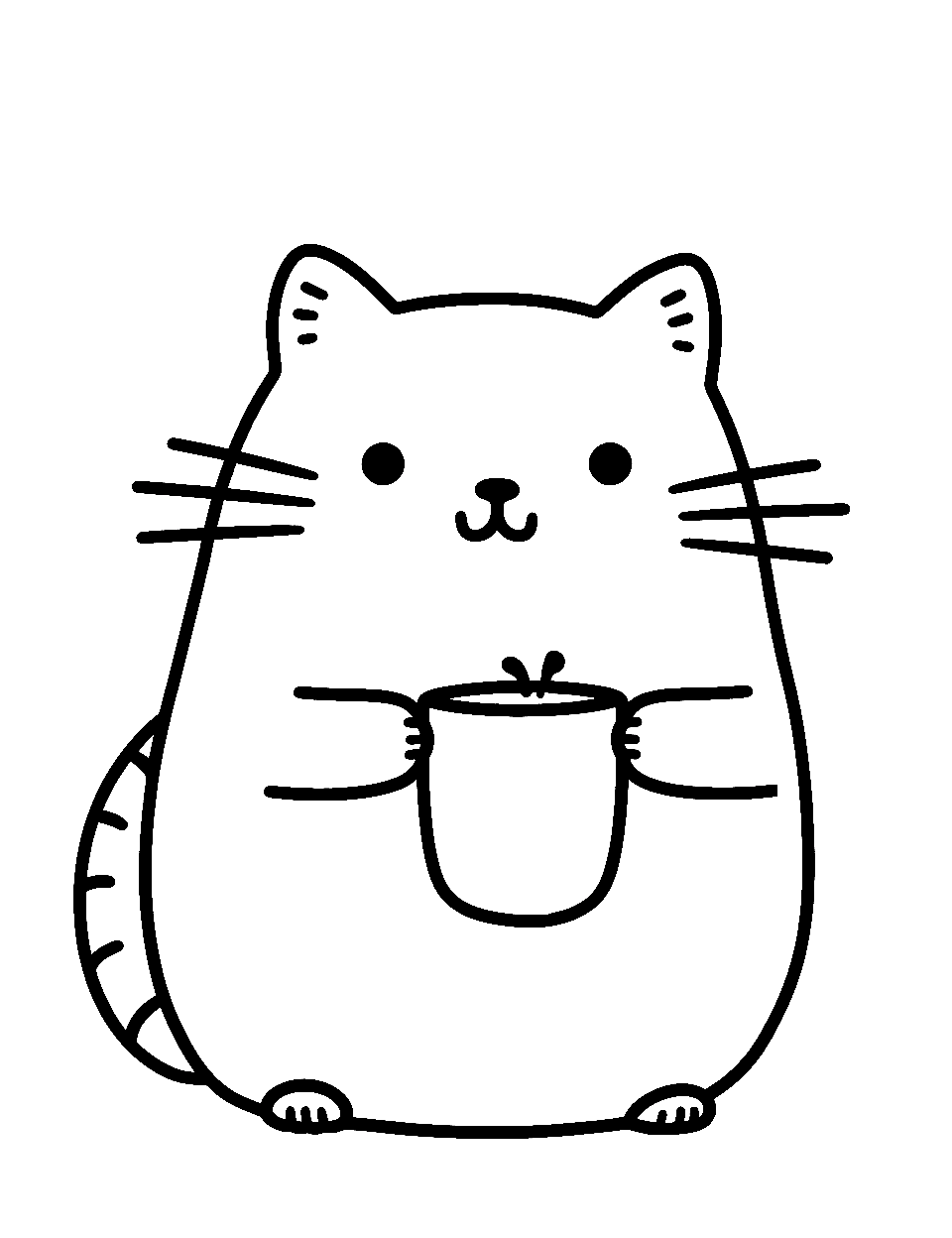 Morning Coffee Coloring Page - Pusheen holding a warm cup of coffee.