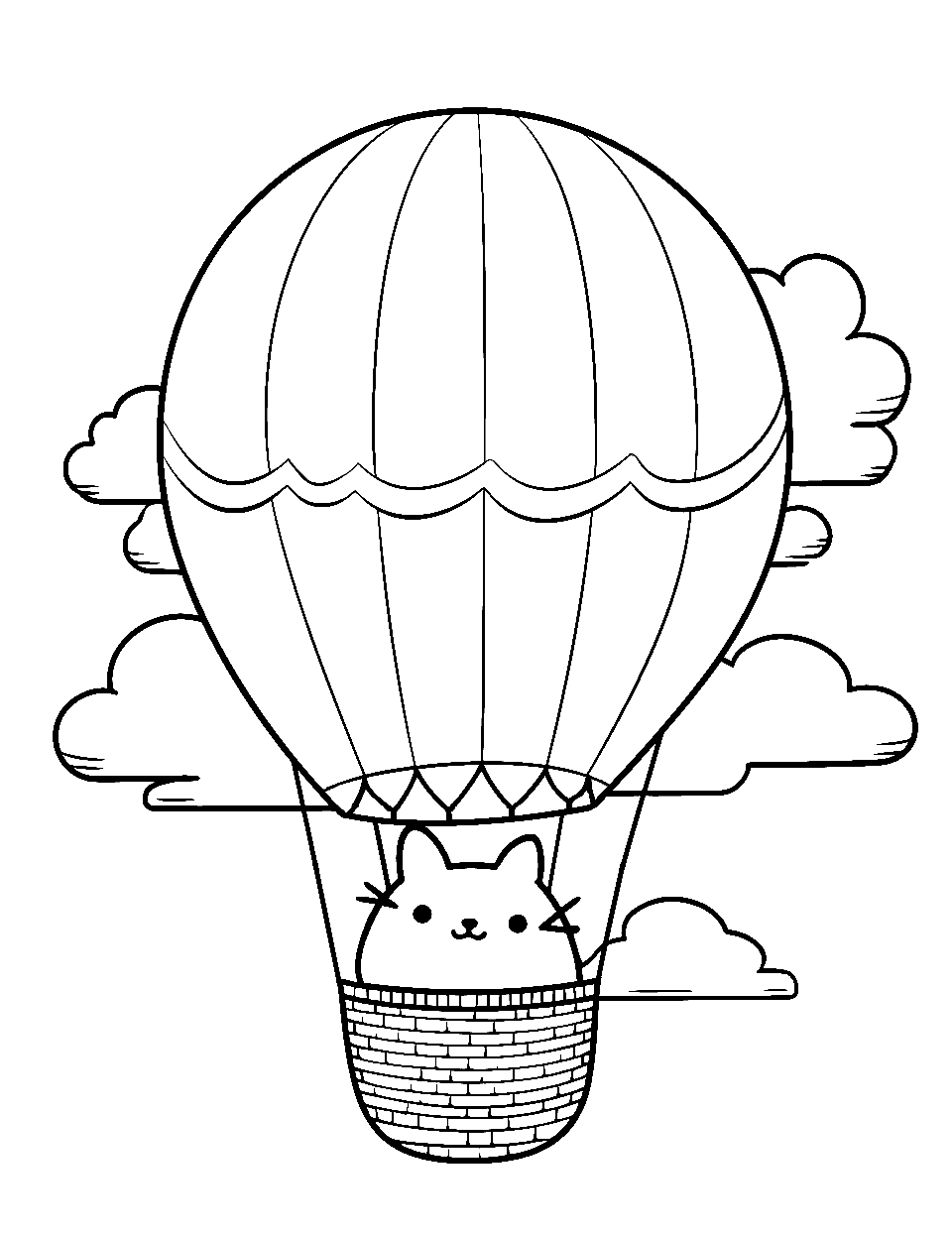 Hot Air Balloon Ride Coloring Page - Pusheen looking out from a hot air balloon.