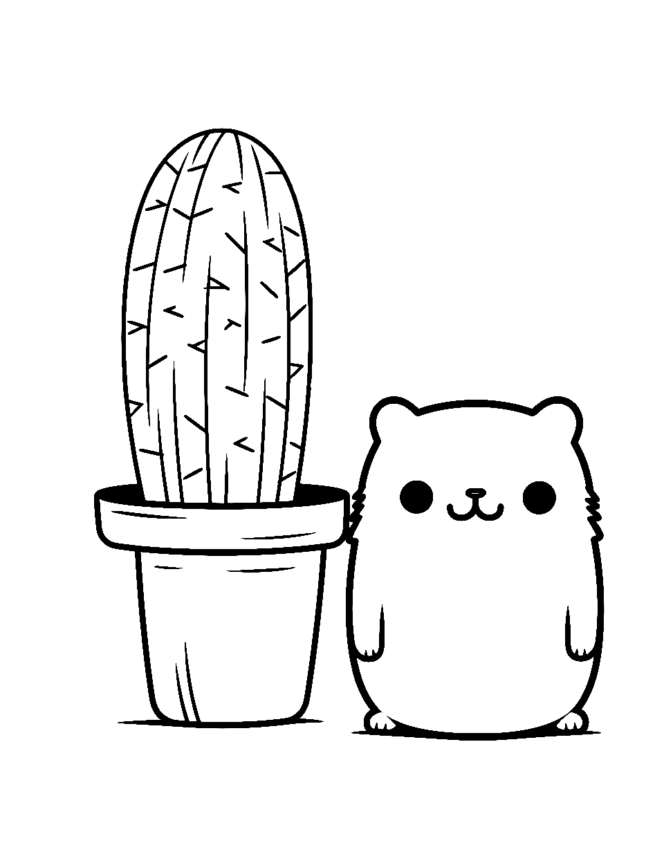 Cactus Pals Coloring Page - Pusheen standing next to a tall cactus, imitating its shape.