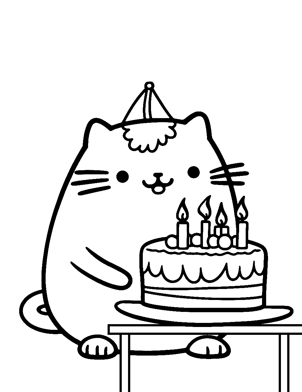 Birthday Celebrations Coloring Page - Pusheen wearing a birthday hat beside a large cake.