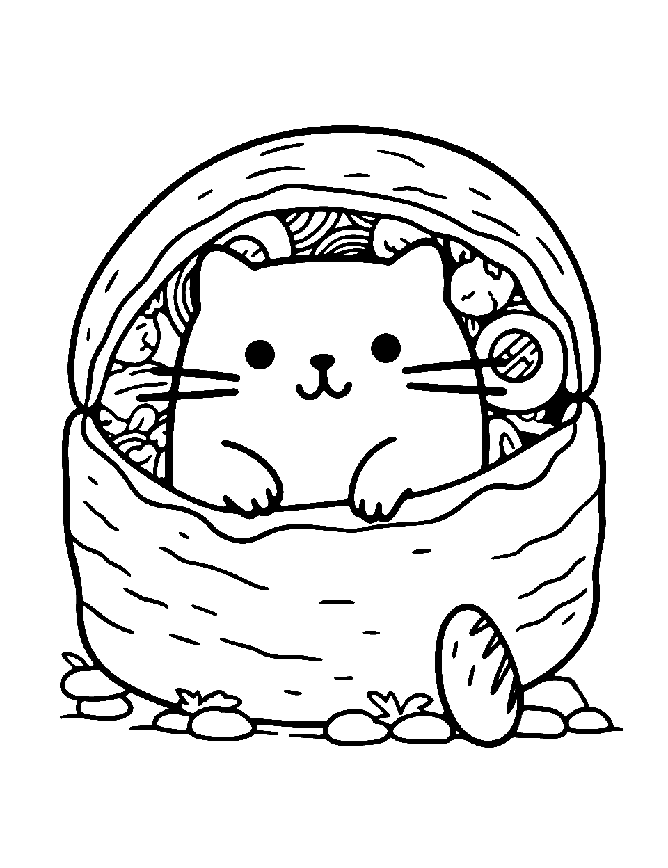 Sushi Delight Pusheen Coloring Page - Pusheen wrapped inside a sushi roll, peeking out with excitement.