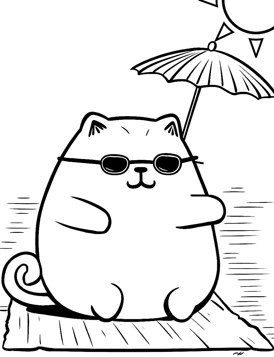 Summer Vibes Coloring Page - Pusheen sunbathing with sunglasses on a beach towel.