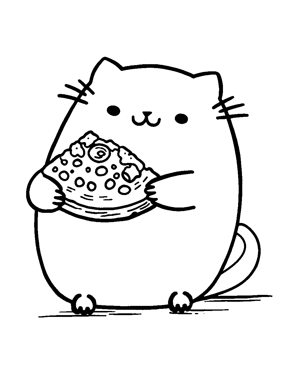 Pusheen's Pizza Day Coloring Page - Pusheen ready to take a big bite out of a cheesy pizza slice.