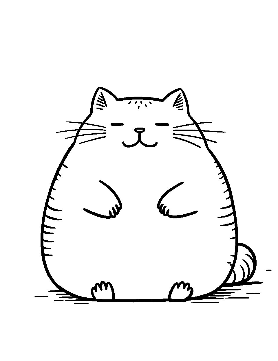 Simple Pleasures Coloring Page - Pusheen sitting with a contented smile, tail curled around her.