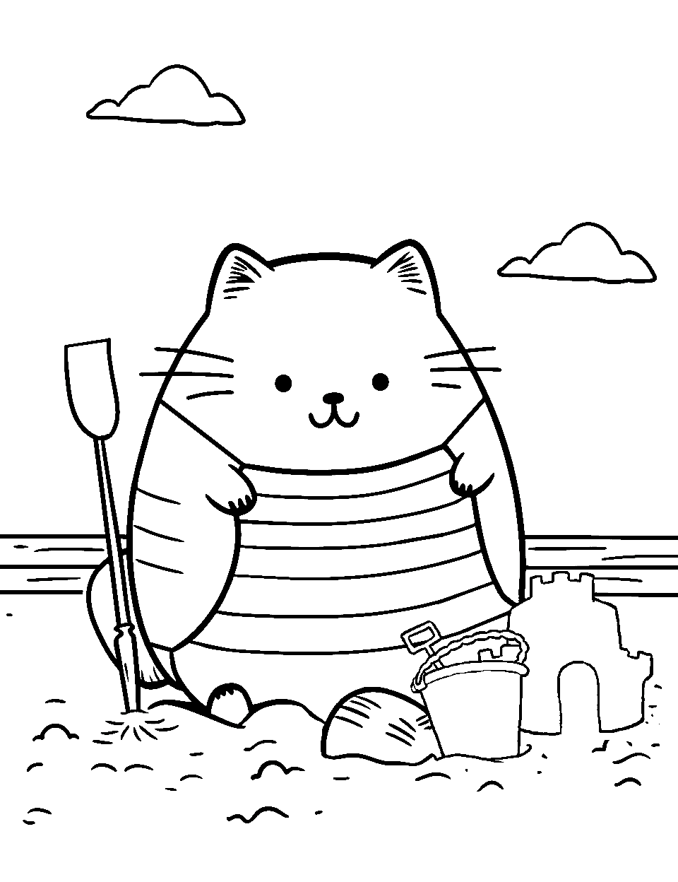 Beach Day Fun Coloring Page - Pusheen on the beach with a shovel, ready to dig up a sandcastle.