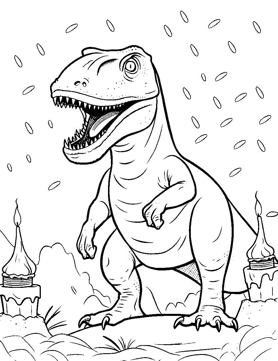 T Rex in a Fairyland Coloring Page - A T-Rex in a fantasy-themed fairyland.