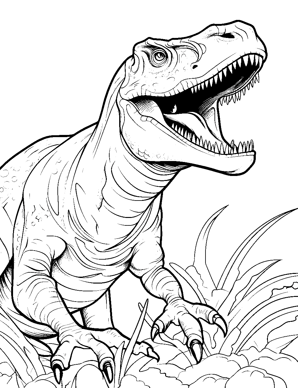 Advanced T Rex Details T-rex Coloring Page - A complex T-Rex scene with intricate design elements.