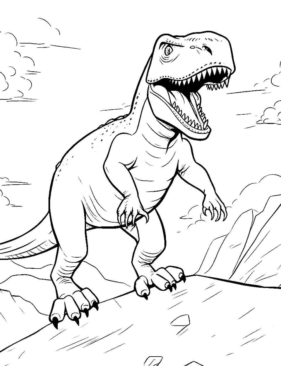 Fun Day Out for T Rex Coloring Page - A T-Rex sliding down a hill gleefully.