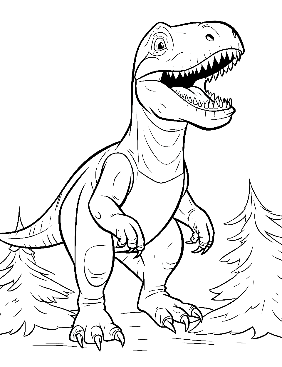 Forest T Rex Coloring Page - A T-Rex strolling around in a forest.