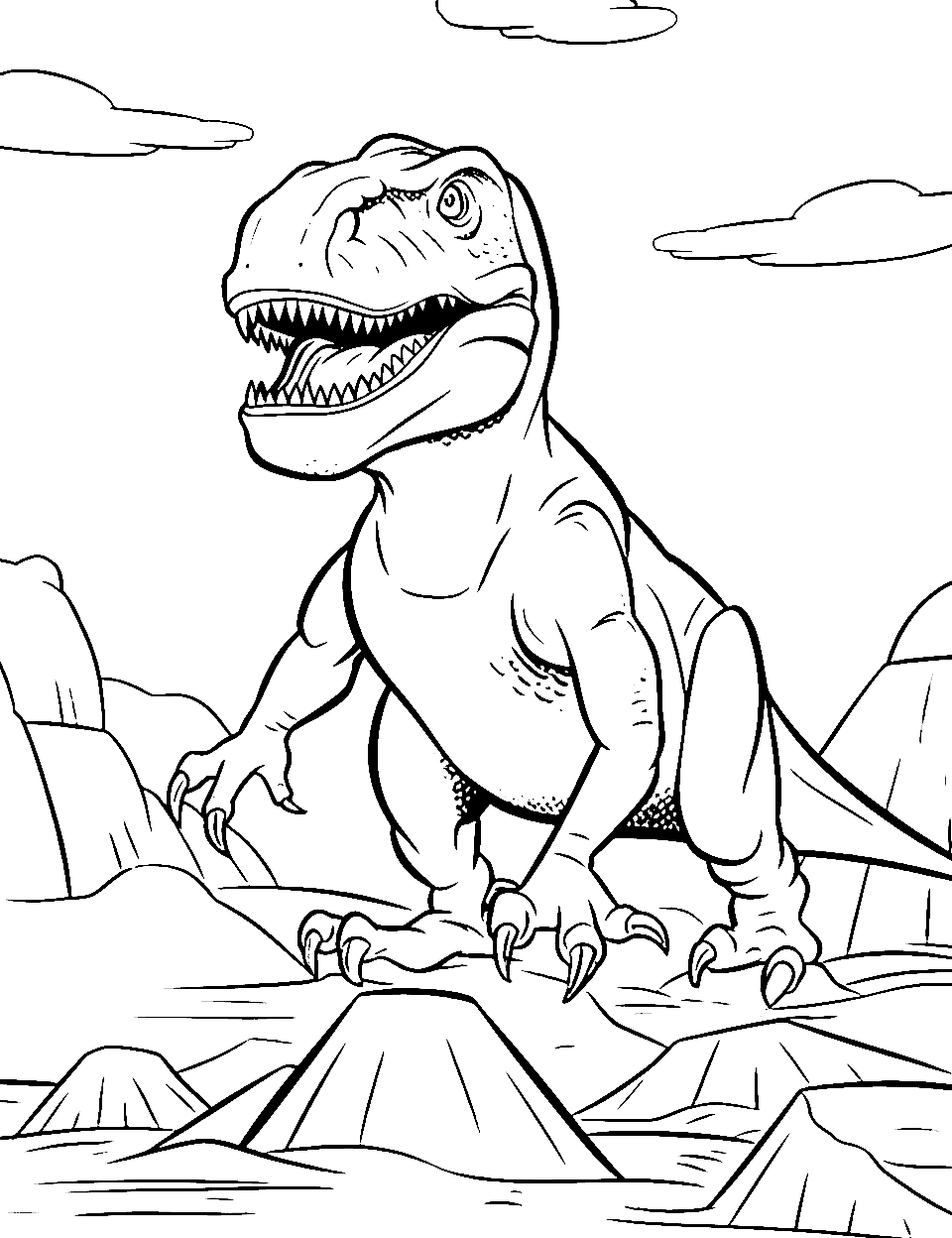 Mountain T Rex Coloring Page - A T-Rex roaming around in the mountains.