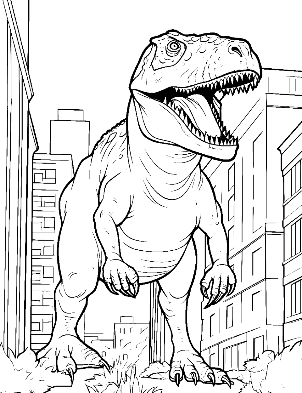 T Rex in Town Coloring Page - A T-Rex cautiously navigating between city buildings.