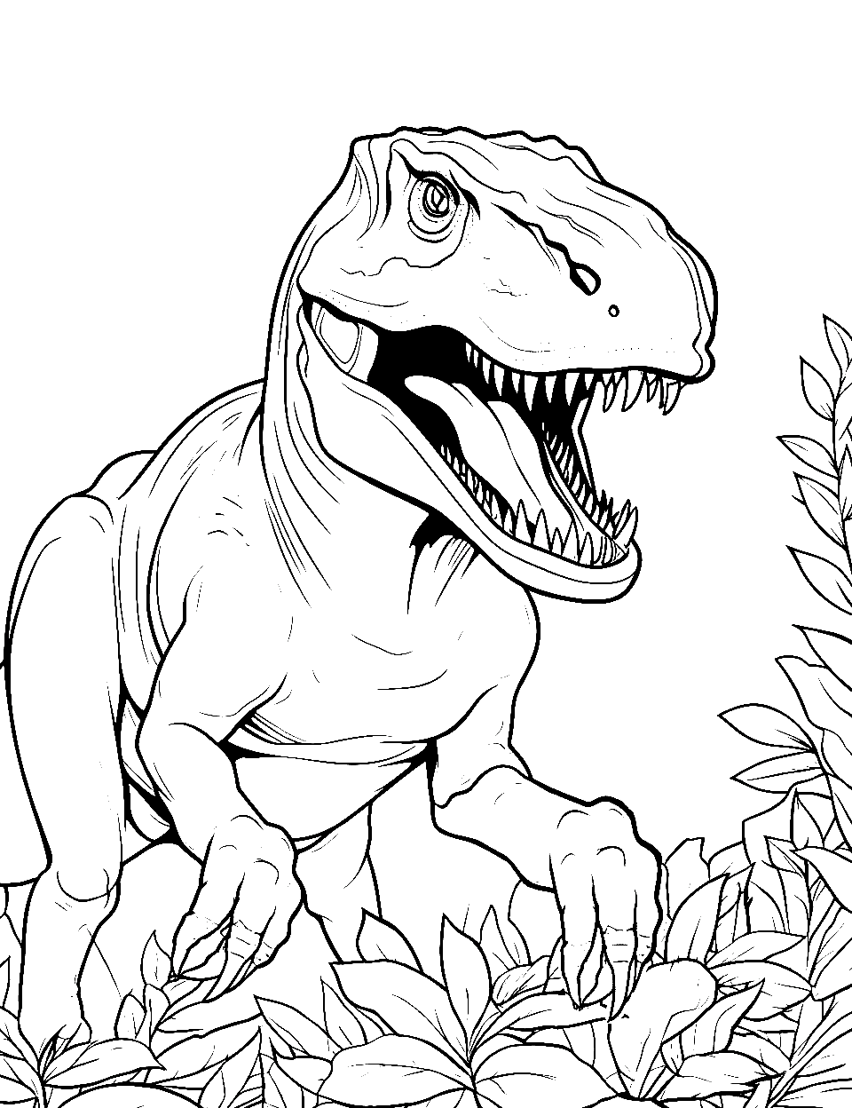 Jungle Explorer T Rex Coloring Page - A T-Rex surrounded by thick jungle foliage.