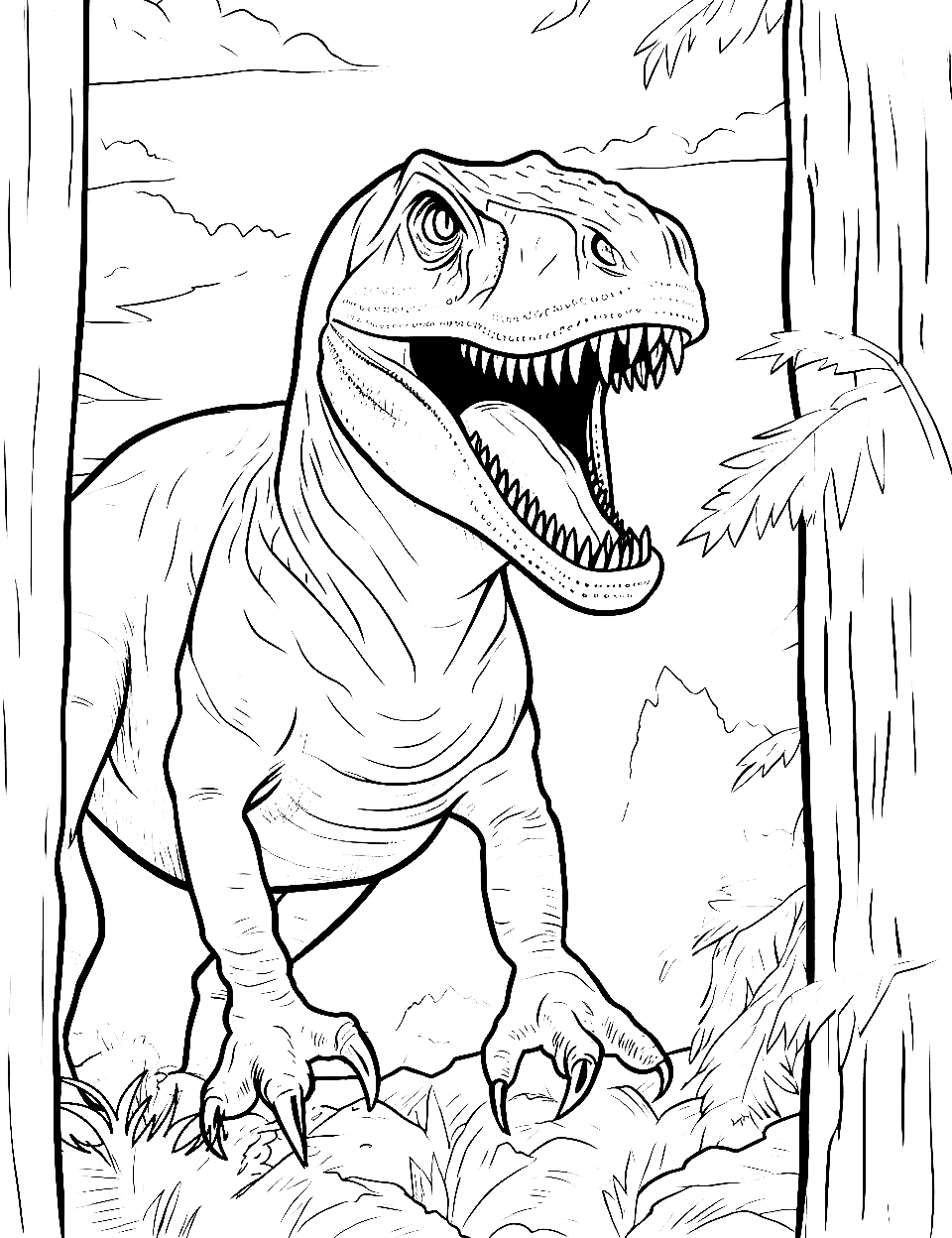 Forest Dwelling T Rex T-rex Coloring Page - A T-Rex navigating around tall forest trees.