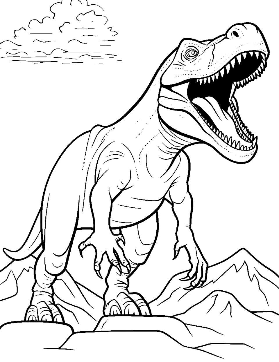 Mountain-Top T Rex Coloring Page - A T-Rex roaring victoriously atop a tall mountain.