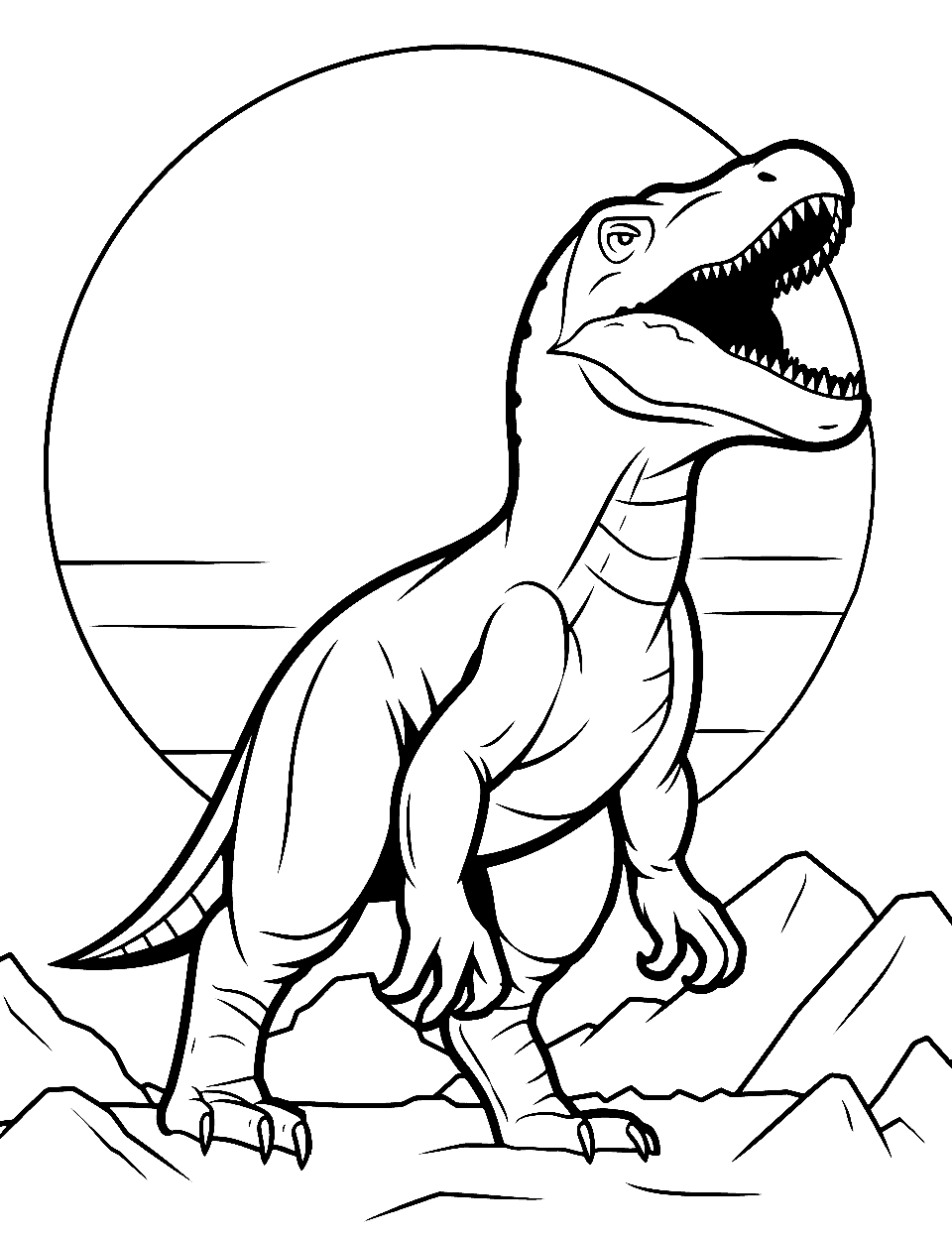 Sunset T Rex Coloring Page - A T-Rex set against a beautiful sunset.